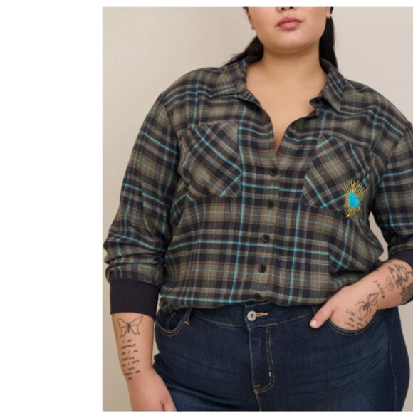 TORRID Flannel Shirt Large (Torrid 0) Olive Green Plaid Heart Long Sleeve Womens - Picture 1 of 13